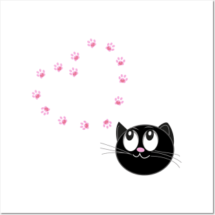 Cute black cat with hearts Posters and Art